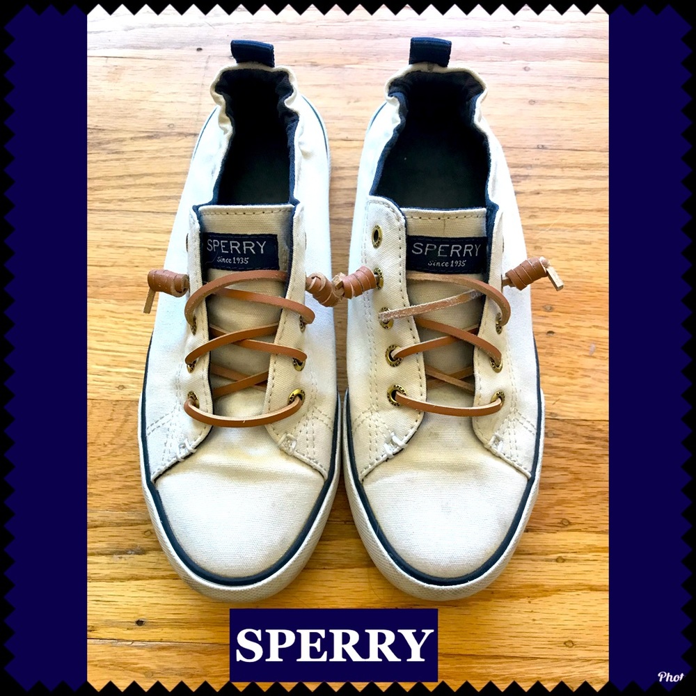 SOLD - White SPERRY Women’s Slip On Sneaker w/Navy accent